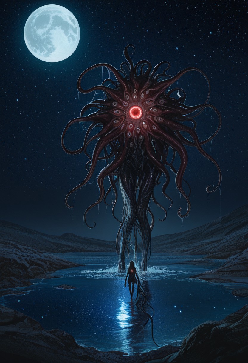 MASTERPIECE, AMAZING QUALITY, 3NDL3SS, SCI FI, DARK, ELDRITCH ABOMINATION, TENTACLES, TEETH, AQUATIC, MOON SURFACE, OUTER SPACE, DISTANT STARS