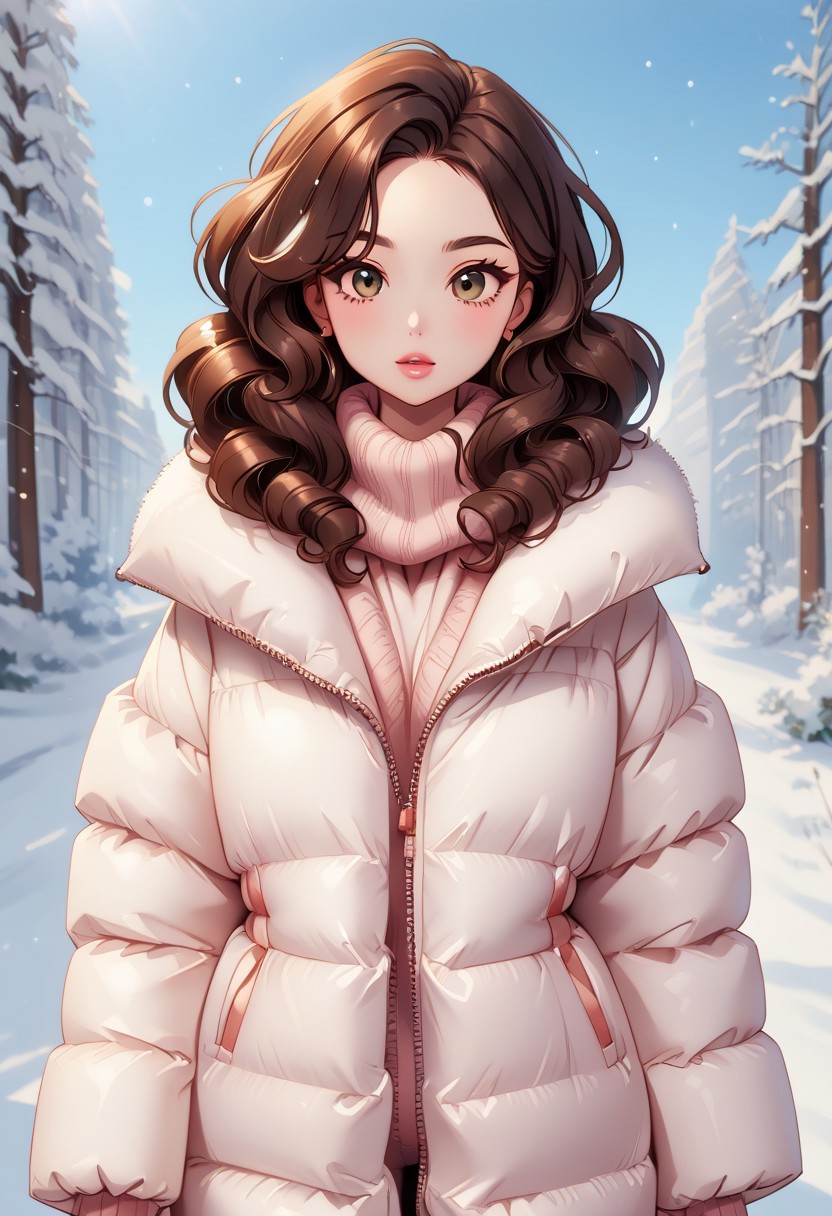 score_9, score_8_up, score_7_up, best shadow, sharp focus, (source_cartoon:1.15) BREAK 
1woman, milf, mature female, gorgeous face, makeup, eyelashes, detailed beautiful face and eyes, (:o face), beautiful eyes, big eyes, 
Brown hair, shoulder length hair, wavy hair, big hair, glamorous curls, 
scarf, (extra_puffy_jacket:1.2), big puffy jacket,
BREAK 
outdoors, winter season, snowfall, snowroad, sunshine, volumetric lighting, single light source,