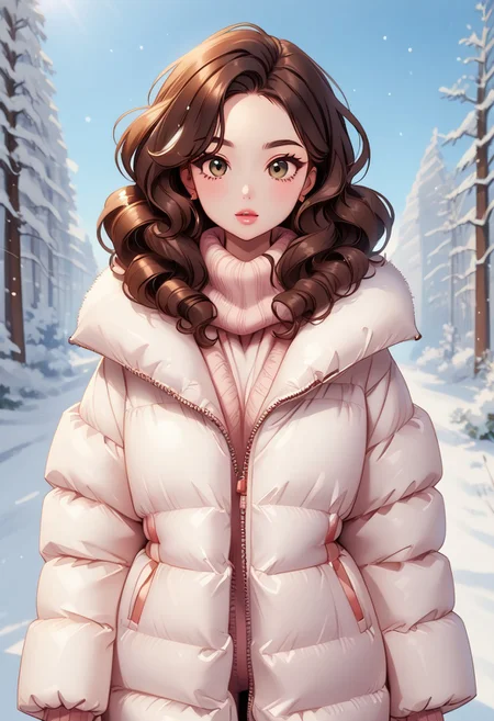 score_9, score_8_up, score_7_up, best shadow, sharp focus, (source_cartoon:1.15) BREAK
1woman, milf, mature female, gorgeous face, makeup, eyelashes, detailed beautiful face and eyes, (:o face), beautiful eyes, big eyes,
Brown hair, shoulder length hair, wavy hair, big hair, glamorous curls,
scarf, (extra_puffy_jacket:1.2), big puffy jacket,
BREAK
outdoors, winter season, snowfall, snowroad, sunshine, volumetric lighting, single light source,