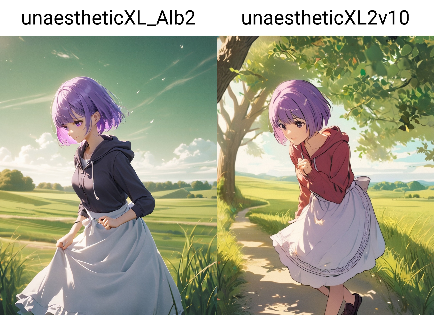 1girl, purple hair, very short hair,  hooded sweatshirt waist apron loafers,  decadent countryside daytime,