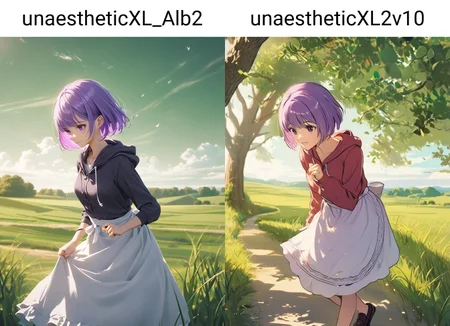1girl, purple hair, very short hair, hooded sweatshirt waist apron loafers, decadent countryside daytime,