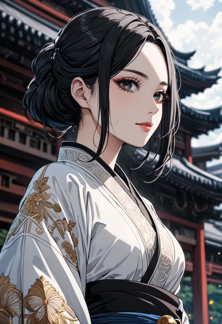 gorgeous lips, cinematic, (masterpiece), (best quality), (ultra-detailed), very aesthetic, illustration, perfect composition, intricate details, absurdres, detailed face, (anime, masterpiece, intricate:1.3), (best quality, hires textures, high detail:1.2), (4k),(incredibly detailed:1.4) (beautiful detailed face, beautiful detailed eyes)
villain, 1woman, arrogant smile
high pointed nose, (nostrils:1.3), no bra, blurry, 22-year-old woman, pale skin,
black eyes, bob black hair, big brests
white kimono, pelvic curtain on ass, large ass, from behind, outdoors, dimly lit,