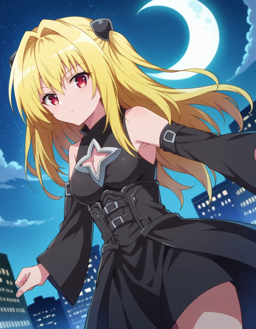 score_9, score_8_up, score_7_up, source_anime,
toloveruyami, <lora:golden-darkness-ponyxl-lora-nochekaiser:1>,
yami, yellow hair, long hair, red eyes, hair ornament, two side up,
sleeveless, detached sleeves, dress, black dress, black skirt, clothing cutout, cleavage cutout,
outdoors, cityscape, night, sky, moon, clouds, starry sky,
looking at viewer, cowboy shot, dutch angle, dynamic pose,