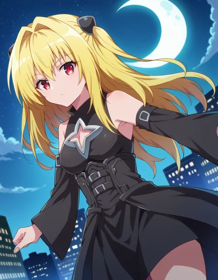 score_9, score_8_up, score_7_up, source_anime,
toloveruyami, <lora:golden-darkness-ponyxl-lora-nochekaiser:1>,
yami, yellow hair, long hair, red eyes, hair ornament, two side up,
sleeveless, detached sleeves, dress, black dress, black skirt, clothing cutout, cleavage cutout,
outdoors, cityscape, night, sky, moon, clouds, starry sky,
looking at viewer, cowboy shot, dutch angle, dynamic pose,