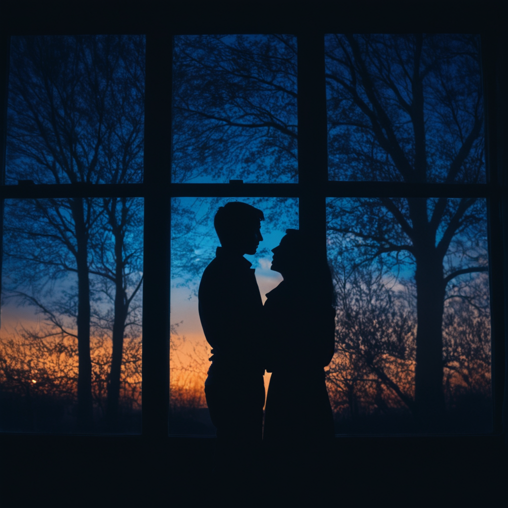cinematic film still of  <lora:silhouette style v2:1>
A silhouette photo of a couple standing in front of a window at blue night hugging,1girl,1boy,standing,hetero,sky,indoors,tree,window,night,shadow,couple,star (sky),night sky,scenery,starry sky,silhouette,dark different shadow patterns, different shadows, cinematic, filmic, different colors, creative cinematography, covered in shadow, perfect shadow, detailed shadow, detailed background, detailed environment, award winning cinematography, casting shadow, film contrast, film saturation, high quality, 8k, silhouette style, shallow depth of field, vignette, highly detailed, high budget, bokeh, cinemascope, moody, epic, gorgeous, film grain, grainy