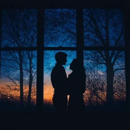cinematic film still of  <lora:silhouette style v2:1>
A silhouette photo of a couple standing in front of a window at blue night hugging,1girl,1boy,standing,hetero,sky,indoors,tree,window,night,shadow,couple,star (sky),night sky,scenery,starry sky,silhouette,dark different shadow patterns, different shadows, cinematic, filmic, different colors, creative cinematography, covered in shadow, perfect shadow, detailed shadow, detailed background, detailed environment, award winning cinematography, casting shadow, film contrast, film saturation, high quality, 8k, silhouette style, shallow depth of field, vignette, highly detailed, high budget, bokeh, cinemascope, moody, epic, gorgeous, film grain, grainy