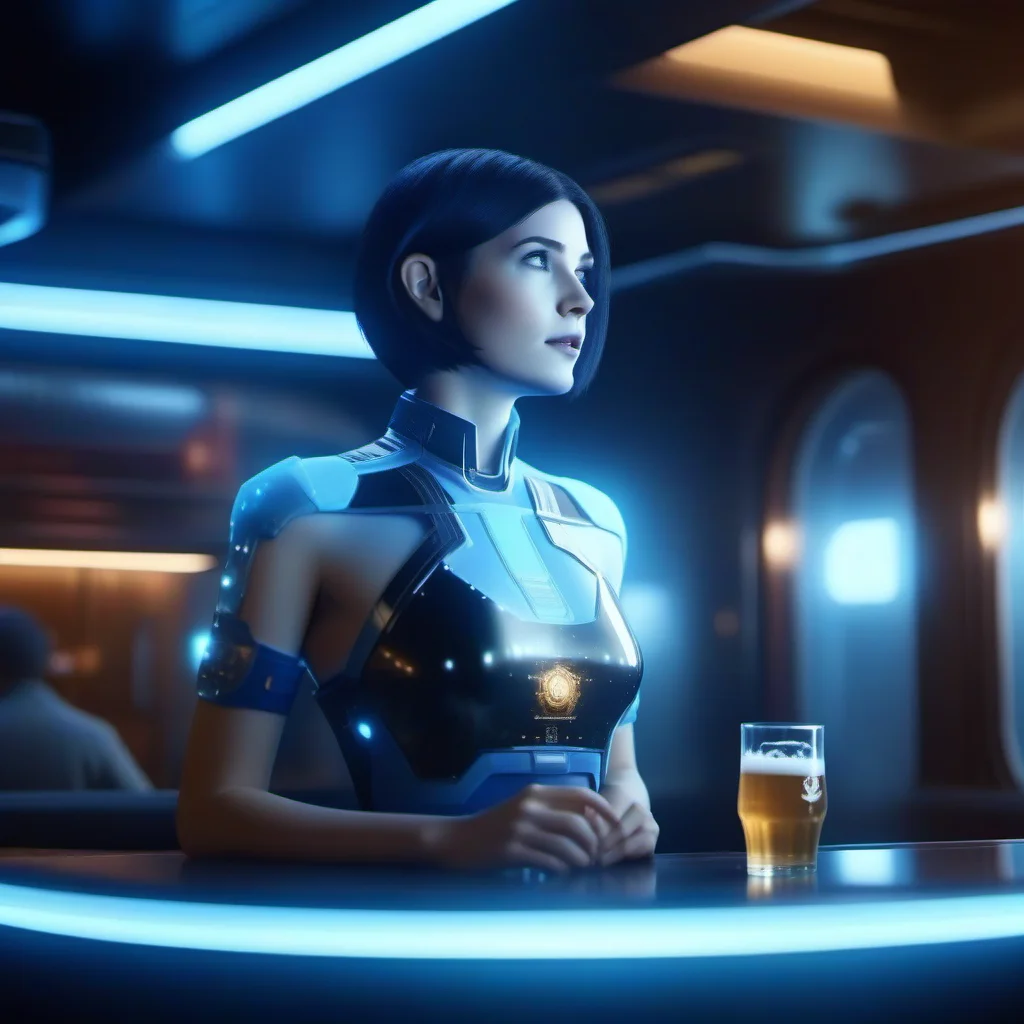 cinematic photo full body portrait 1girl, short hair, blue skin, science fiction, transparent hologram, having a beer in a spaceship pub <lora:Cortana1024:0.8> . 35mm photograph, film, bokeh, professional, 4k, highly detailed