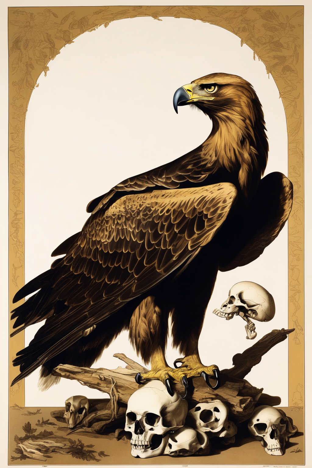 John James Audubon Style - John Audubon style illustration of Golden Eagle perched on skull