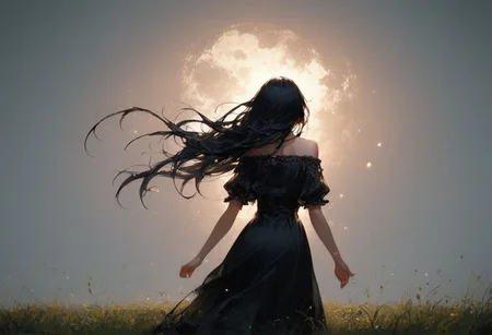 score_9,score_8_up,score_7_up,score_6_up, 1girl; black dress; open field; foggy; misty; grass; very long hair; extremely long hair; hair blowing across full scene; black hair; blowing in the wind; strong wind; neutral expression; facing away, from behind