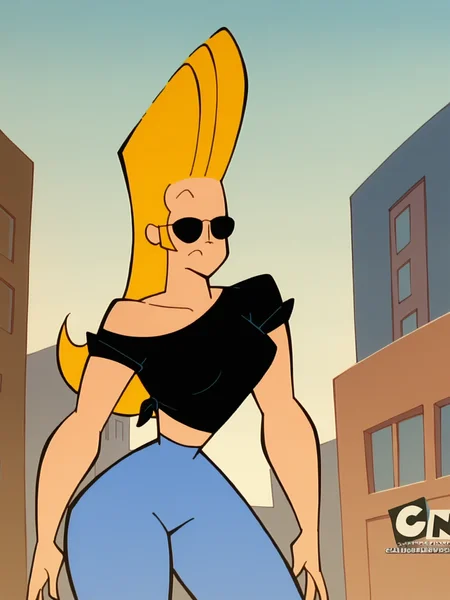 score_9, score_8_up, score_7_up, score_6_up, score_5_up, source_anime, smooth_anime,
Johnny_Bravo, 1girl, solo, breasts, blonde_hair, long_hair, sunglasses, navel, midriff, shirt,  pants, crop_top, off_shoulder, hair_slicked_back, black_shirt, toned, bare_shoulders, cowboy_shot, large_breasts, collarbone, wide_hips, day, groin, outdoors, casual, no_bra, off-shoulder_shirt, narrow_waist, building, hand_up, cropped_shirt, tight, frown, jeans, thighs, t-shirt, abs, standing, animal_print, :<, stomach, forehead, blue_sky, lowleg_pants, closed_mouth, denim
 <lora:Johnny_Bravo_1:1> <lora:Johnny_Bravo:1>