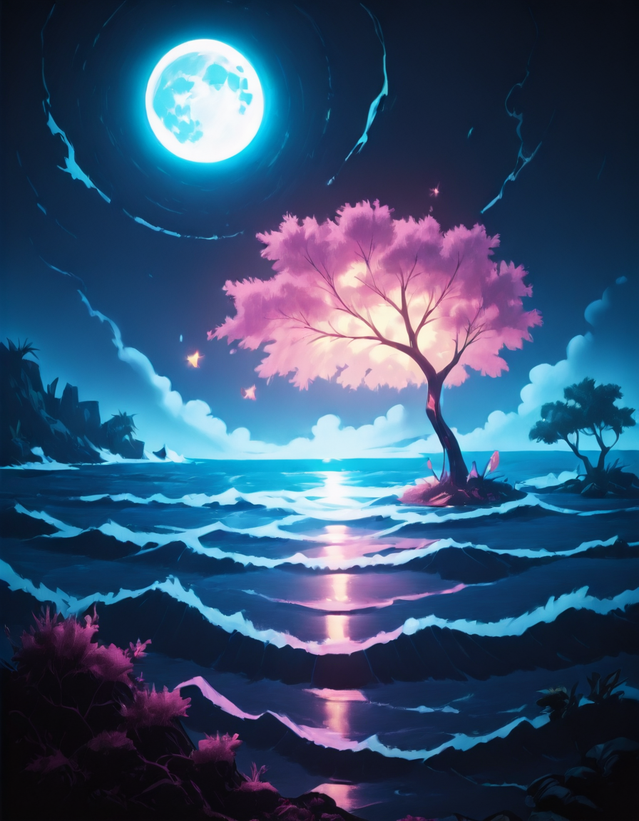 <lora:CWMinis01v2illb:1> cw01mini, hologram tree, tortured, colorful, vegetation, night, on the edge of an island, lost in the mist, moon, moonlight, sea, rocks, waves splashing,