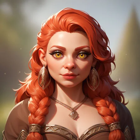 (((beautiful, high quality))), upper Body, score_9, score_8_up, score_7_up,
Dwarf, short stature, big nose, 1girl, red hair, yellow eyes, brown dress, earrings,
looking at the viewer, posing, blurred background,