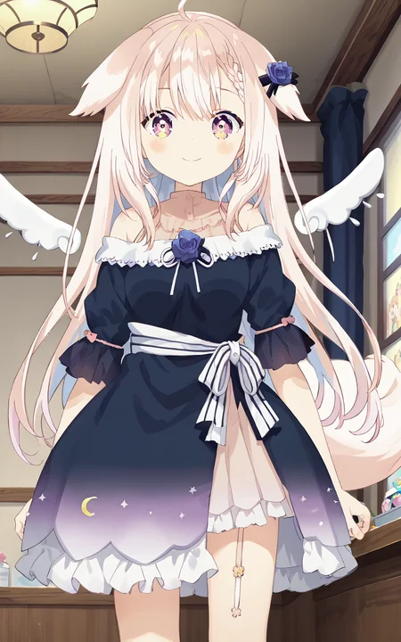 IonKurumi, 1girl, solo, long hair, blue dress, detached wings, dog tail, virtual youtuber,
cowboy shot, blush, looking at viewer,indoors, smile,cowboy shot, single thighhigh,closed mouth, <lora:çé³ããã¿_Ion_Kurumi__VTuber:0.9>
official art,official style,source_anime,anime screencap,anime coloring,megami magazine,anime,animated,
<lora:Anime_Screencap:1>