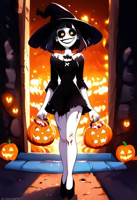 1girl, kanamori sayaka, ((Goth Girl with very pale skin)) , eyepatch on left eye, smile, grin, black lips, big lips
BREAK
score_9, score_8_up, score_7_up, score_6_up, source_cartoon, rating_explicit
GothMakeup
MuscleBae
BondageAttire
black hair bow, black sclera, colored sclera, yellow eyes, short black hair, braids, black dress, black high heels, stitches, injury, scars, + +, injury, scars, blood, black tears, tr1ck0rtr3at, holding, Halloween bucket, doorway, street background, witch hat, Pumpkin spell, zPDXL3