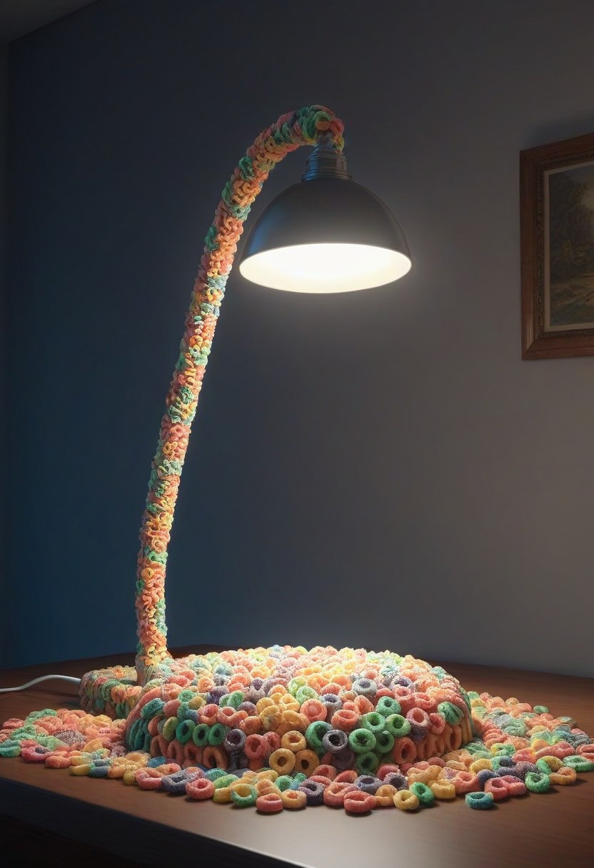 made of Fruit loops , epic picture of a desk lamp on a table, highly detailed, masterpiece, dramatic cinematic lighting, unforgettable, very intricate, high detail , photorealistic detail, ultra-realism , photorealistic,  ultra detailed ,octane render,    <lora:FruitLoopStyle_epoch_9:0.4>