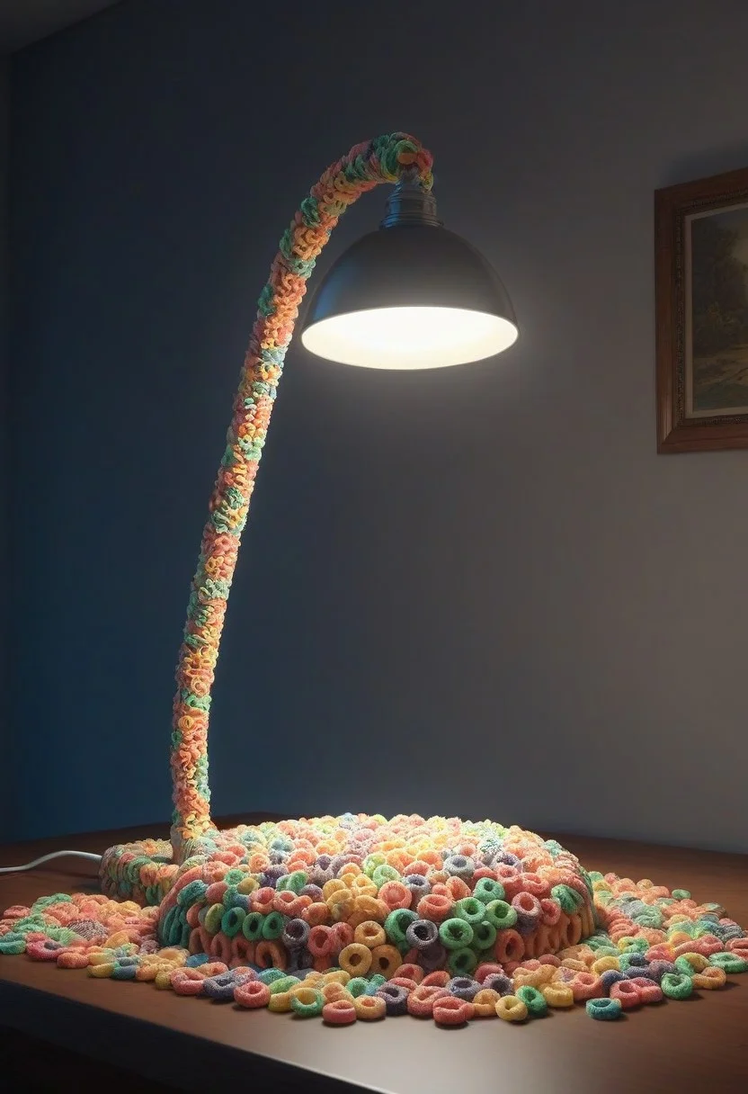 made of Fruit loops , epic picture of a desk lamp on a table, highly detailed, masterpiece, dramatic cinematic lighting, unforgettable, very intricate, high detail , photorealistic detail, ultra-realism , photorealistic, ultra detailed ,octane render, <lora:FruitLoopStyle_epoch_9:0.4>