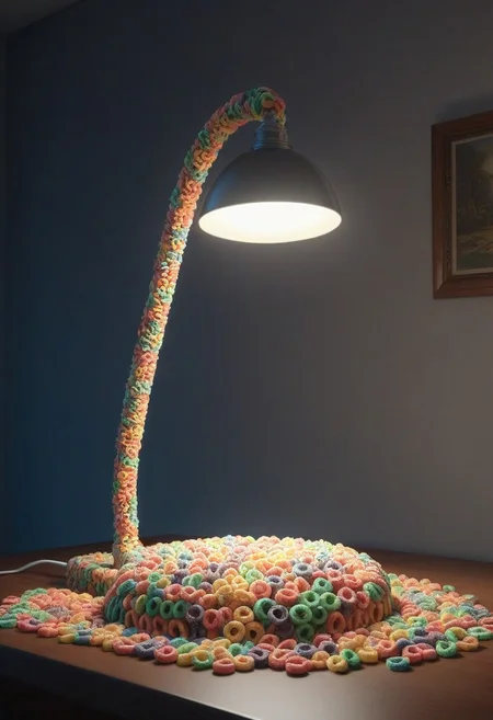 made of Fruit loops , epic picture of a desk lamp on a table, highly detailed, masterpiece, dramatic cinematic lighting, unforgettable, very intricate, high detail , photorealistic detail, ultra-realism , photorealistic, ultra detailed ,octane render, <lora:FruitLoopStyle_epoch_9:0.4>