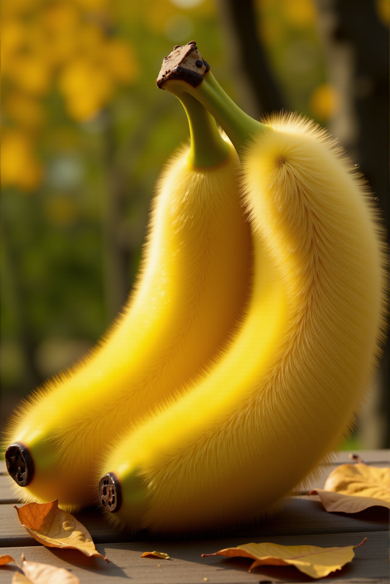 <lora:Fluffy_fur_2:0.8> FluffyFur.  A fresh banana covered in airy, short-haired, fluffy fur, the fine strands mirroring the natural gradient of its skin, transitioning from deep brown to   saturated yellow. The fluffy fur is dense, following the subtle dimples and curves of the fruit, giving it a surreal yet inviting texture. Tiny, delicate hairs catch the light, creating a soft sheen that mimics the natural waxy glow of a banana's surface. The fruit rests on a wooden table, surrounded by scattered leaves, with a gentle autumn breeze hinted in the blurred background, adding a sense of warmth and organic harmony to this strange yet oddly natural creation.