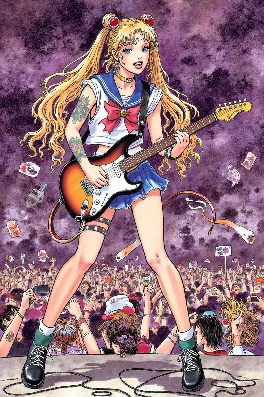 itacomic1 illustration of punk sailor moon playing a guitar at a heavy metal mosh pit, tattoos, piercing <lora:itacomic_mima3_fl_d4a2:1.0><lora:801274845691165494:0>