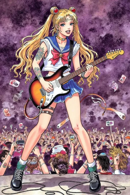 itacomic1 illustration of punk sailor moon playing a guitar at a heavy metal mosh pit, tattoos, piercing  <lora:itacomic_mima3_fl_d4a2:1.0><lora:801274845691165494:0>