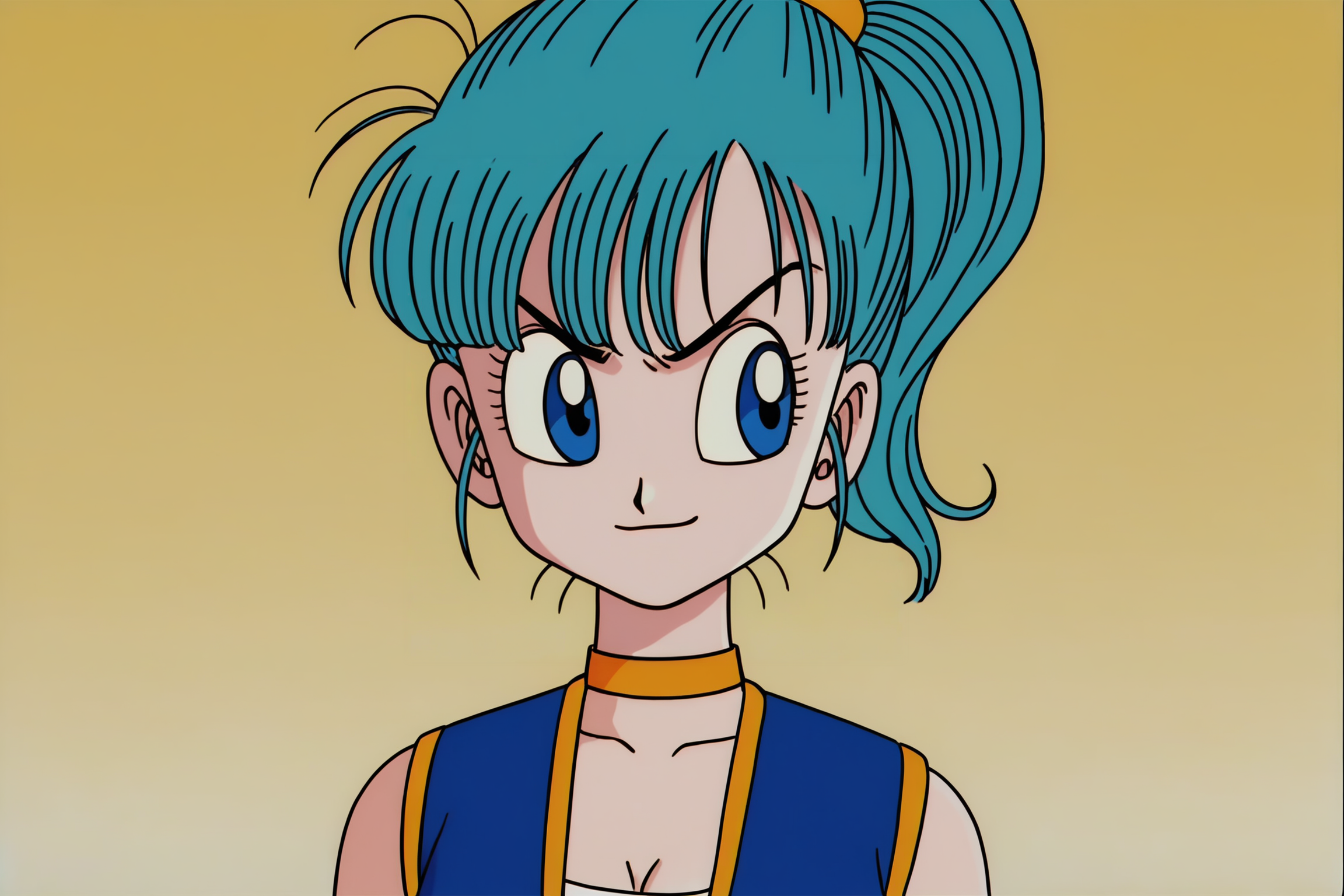 source_anime, score_9, score_8_up, score_7_up, anime screencap, absurdres,
bulma \(dragonball\), 1980s \(style\), retro artstyle, arabian clothes, 1girl, solo, breasts, smile, bangs, blue eyes, aqua hair, ponytail, upper body, choker, vest, arms by side, blue vest, collarbone, fringe trim, scrunchie, looking to the side, vest over shirt, yellow choker, yellow wristband, v-shaped eyebrows, eyebrows, eyelashes
<lora:DB_Bulma_v1:0.8>