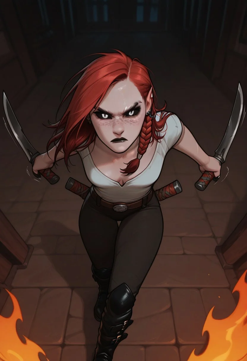 masterpiece,best quality,amazing quality,newest, absurdres, highres, detailed eyes, beautiful, perfect eyes, finely detailed face, very aesthetic, anime coloring, anime screencap, incoth, (incase:0.6),
1girl, solo
kayenn, red hair, long hair, side braid, white eyes, freckles, black lips, earrings, black nails, sharp fingernails, slim, cute face, small breasts, black sclera,
action stance, serious, dynamic pose, motion lines,
boots, pants, belt, thorned shirt, cleavage, dual wielding,
burning inn,