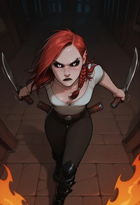 masterpiece,best quality,amazing quality,newest, absurdres, highres, detailed eyes, beautiful, perfect eyes, finely detailed face, very aesthetic, anime coloring, anime screencap, incoth, (incase:0.6),
1girl, solo
kayenn, red hair, long hair, side braid, white eyes, freckles, black lips, earrings, black nails, sharp fingernails, slim, cute face, small breasts, black sclera,
action stance, serious, dynamic pose, motion lines,
boots, pants, belt, thorned shirt, cleavage, dual wielding,
burning inn,