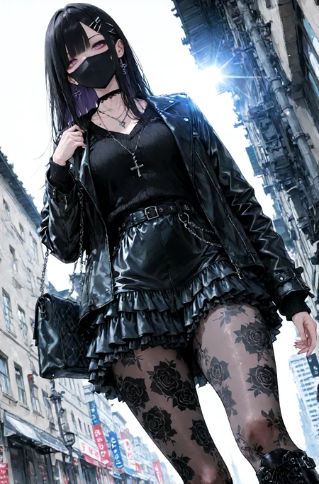score_9, score_8_up, score_7_up, absurdres, highres, masterpiece, best quality, amazing quality, 1girl, solo, long black hair, purple eyes, black face mask, hairclip, black leather jacket, black sweater, choker, jewelry, necklace, bag on shoulder, black frilled skirt, patterned pantyhose, leather knee boots, thighs, intricate details, dynamic pose, dynamic angle, sun, lens flare, light particles, volumetric light, depth of field <lora:add_detail:1> <lora:Expressive_H:1>