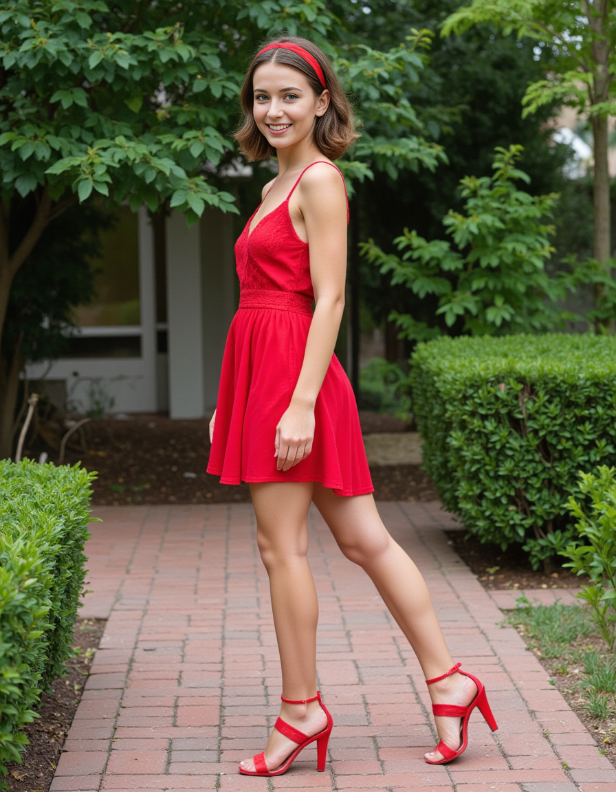 sharp photo of a young woman standing on a brick pathway in a garden. She is wearing a red dress with a lace trim and a red headband. The dress has thin straps and a deep V-neckline. The woman is also wearing red strappy sandals. She has shoulder-length brown hair styled in loose waves and is smiling at the camera. The background is filled with greenery, including trees and bushes.. This is a high resolution photo of a young, light-skinned girl. the girl is of average height, her figure is slim and athletic, with a flat stomach and small breasts, the girl has medium-short  length brown hair parted to the side on the right side, young slim. looking at viewer, front view, professional photography, (nsfw:1.2),(nudity:1.2),(breasts:1.2),(nipples:1.2), <lora:breast-size2:-3>, <lora:Hand v2:1>, <lora:FLUX_thinspo_skinny-000001:0.3>,  <lora:club_dress_2_flux:1> , <lora:skirtlift_xl:1> skirtlift