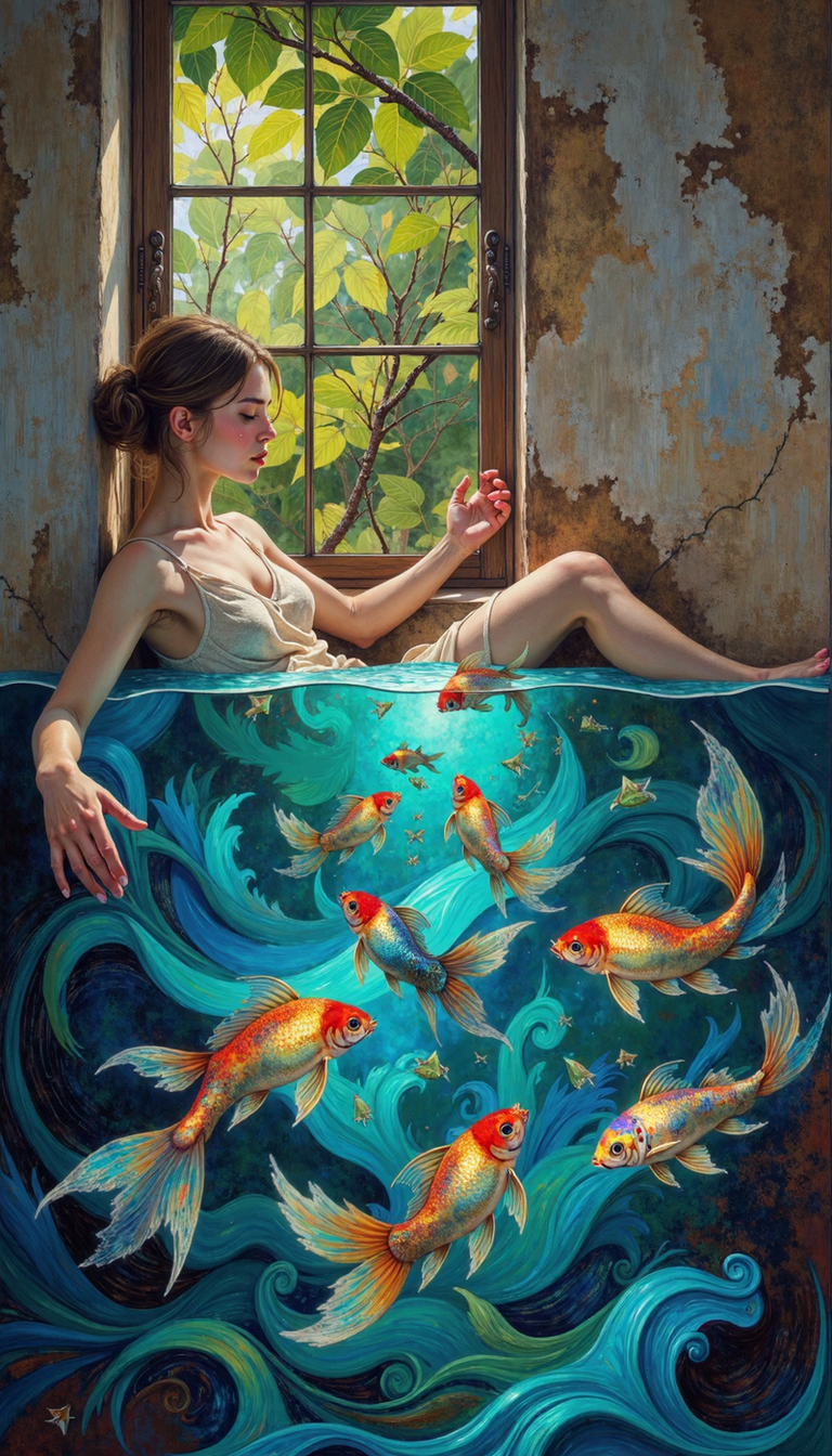 DB4RZ,DB4RZ style painting,a hand-drawn sketch and watercolor style,opalescent inlay,DIGITAL PAINTING,FLUORESCENT, GLOW, A young woman, depicted in a realistic, meticulously rendered style, reclines on a windowsill, her body half-protruding into a surreal, cerulean expanse.  She reaches towards a school of vibrantly colored goldfish, their scales catching the light, swimming through this impossible space.  The woman's face, imbued with a wistful melancholia, hints at a yearning for the unattainable.  Her outstretched hand, a study in foreshortening, emphasizes the divide between her world and that of the fish. The background, a stark contrast to the vibrant fish, features a worn, plastered wall and a window framed with verdant, overgrown foliage.  The scene is bathed in soft, diffused light, reminiscent of a dreamlike memory.  Emphasize the tactility of the different textures â the woman's skin, the fish scales, the rough wall, and the delicate leaves.  The image could be further enhanced by a subtle vignette, drawing the viewer's eye to the interaction between the woman and the fish, highlighting the poignant theme of longing and the ephemerality of dreams.