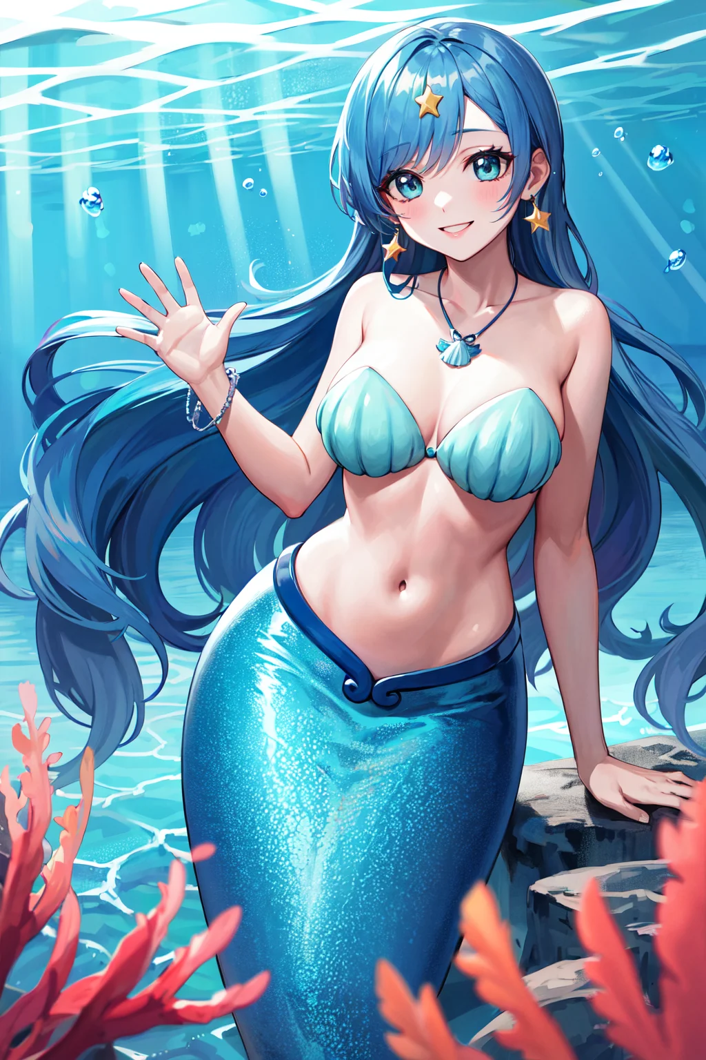 masterpiece, best quality, highres, ho1, blue hair, long hair, star (symbol), necklace, earrings, star hair ornament, mermaid, shell bikini, bracelet, <lora:houshou_hanon_v1:0.7>, ocean, underwater, smile, waving