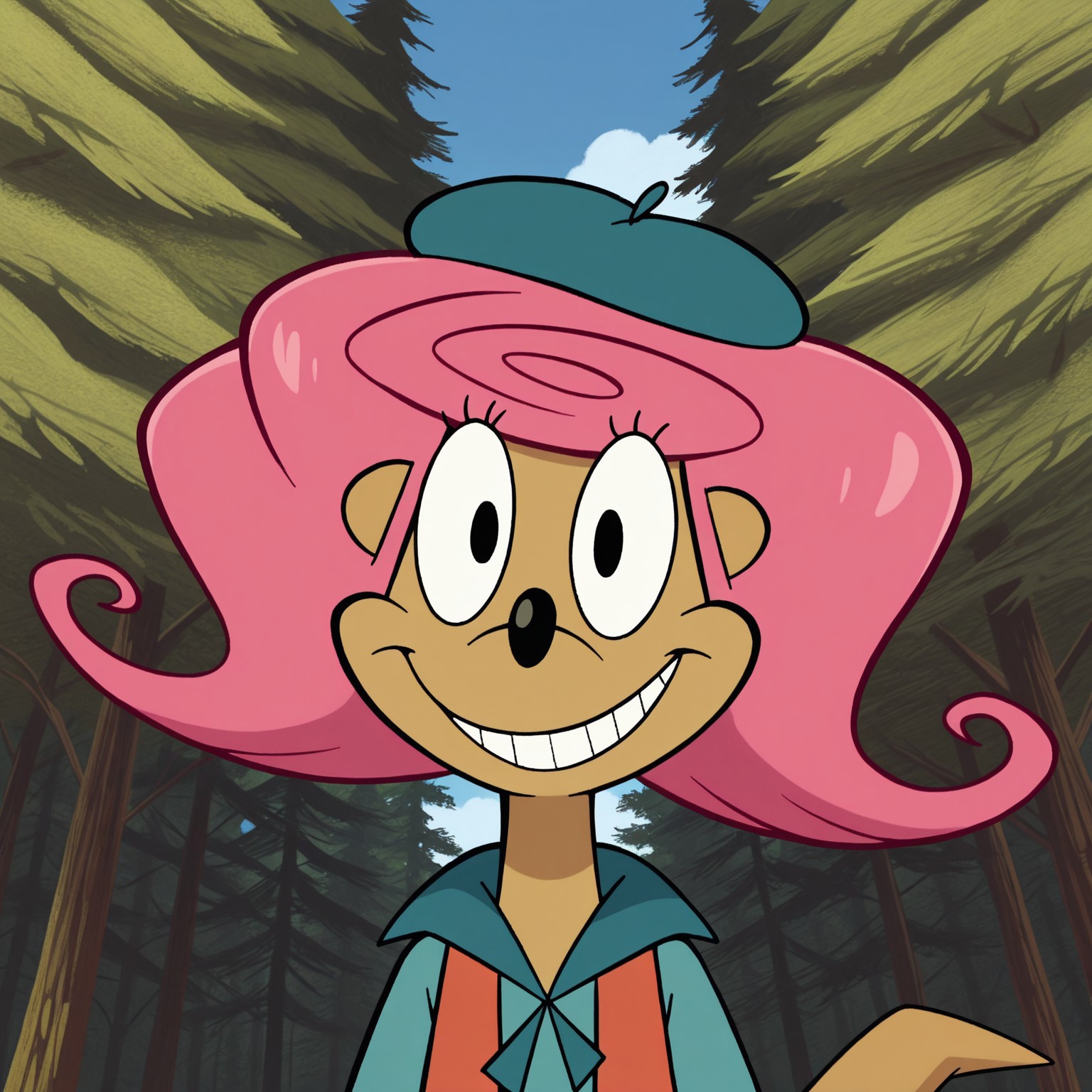 8k, uncensored, masterpiece, best quality, highly detailed, cartoon, 1girl, solo, PatsyCL, furry, anthro, mongoose, pink hair, black eyes, black nose, tan skin, medium tail, teeth, smile, closed mouth, dark-blue beret, blue topwear, scout outfit, (looking at viewer, forest, sky, front view, low-angle view, close-up, detailed background, flat chested, (afternoon), wide eyes, upper body, orange vest, (dutch angle)