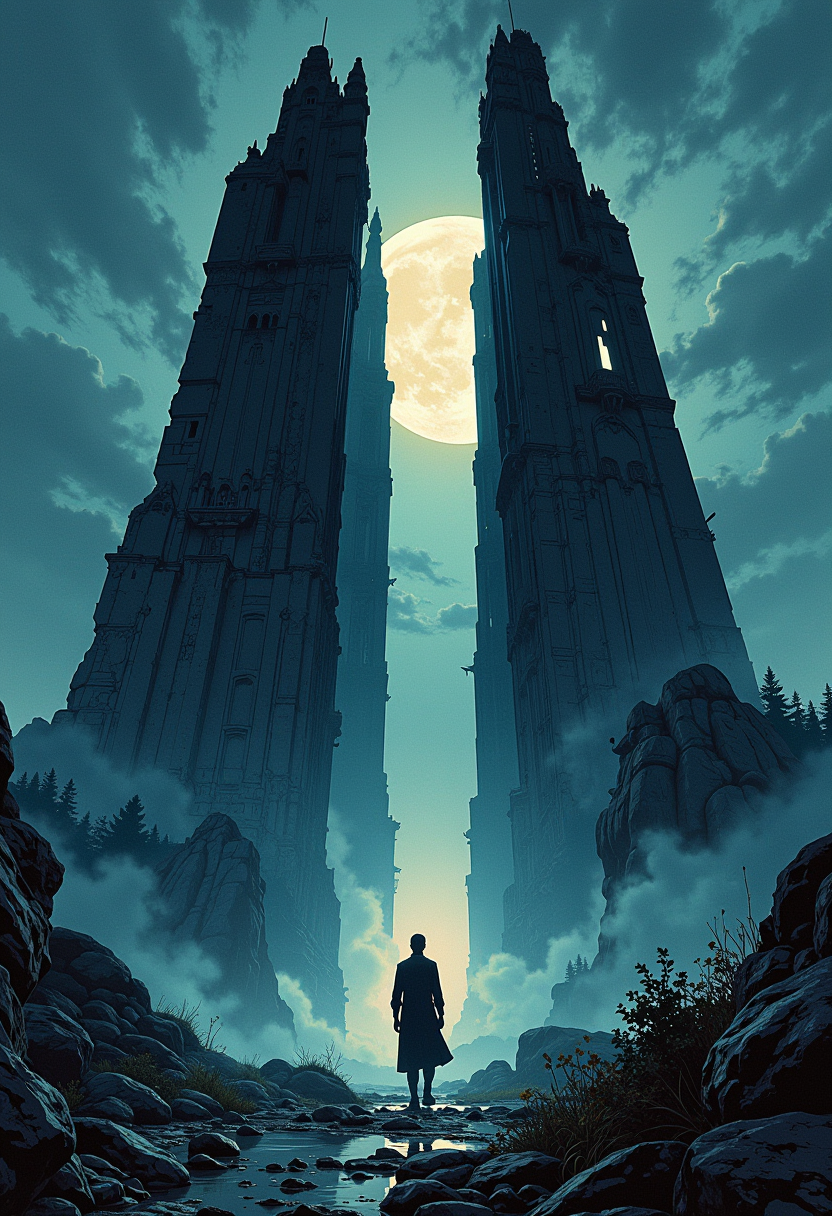 art by Edvard Munch, Peter Jackson and Vincent van Gogh, As the night sky fades into darkness, a lone figure emerges from behind the towering structures. The towers stand tall and proud, their reflections illuminated by soft, silver light that casts eerie shadows on the ground below. ,  dripping ink, fairy tales,  heroic characters,  glazed terracotta sculptures,  exploration of light and shadow,  sublime nature, Epic fantasy,  paper,  realistic wildlife depictions,  ink drawings on vintage paper,  exploring themes of adolescence, Contemporary Chinese art, enchanted, dynamic cinematic color, handsome, highly detail, <lora:models\Flux\Illustration concept variant 2:0.3>,