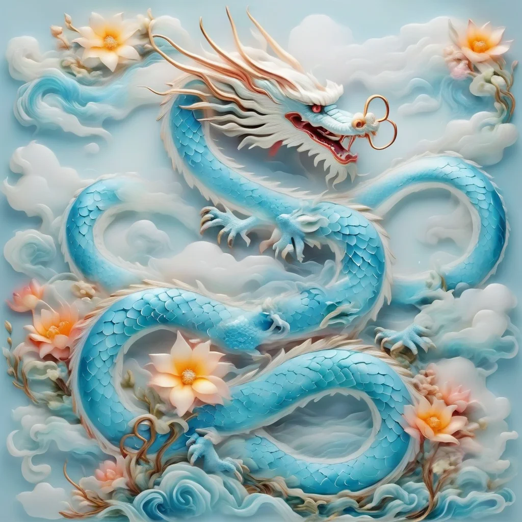 an image of light blue and white chinese dragon ,flowers,hills,river,cloud<lora:20240205_spring_dragon_checkpoint-4000:1.0>