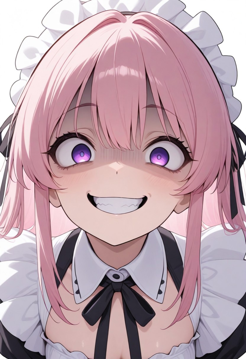 (masterwork, masterpiece, best quality, hyper-detailed, 8k uhd:1.4) 1girl, CivChan, hologram, pink hair, purple eyes,  wide eyes, staring at viewer, maid uniform, huge grin, (scary:1.4), demented, (crazy:1.4),  <lora:CivChan:0.9> quality: masterpiece, extremely aesthetic, highly detailed, dynamic composition, vibrant colors, vivid colors, saturated