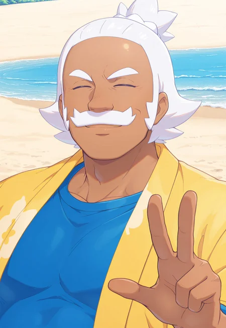 solo, masterpiece, detailed, ultra hd, best quality, 1boy, male, official art, w0lfc0nf, modern, new, masculine face, daddy looking face

PokemonHala, white hair, mustache, dark skin, closed eyes, blue shirt, yellow jacket, headshot, looking at viewer, smiling, beach background