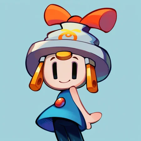 zPDXL2, score_9_up, score_8_up, score_7_up, 2d, rating_safe, blue background, <lora:PDXL_Connie_ML:1>, 1girl, solo, connie_\(m&l\), grey skin, simple eyes, empty eyes, plug, socket, blue dress, bare shoulders, black leggings, smile, looking at viewer, hands behind back, cowboy shot