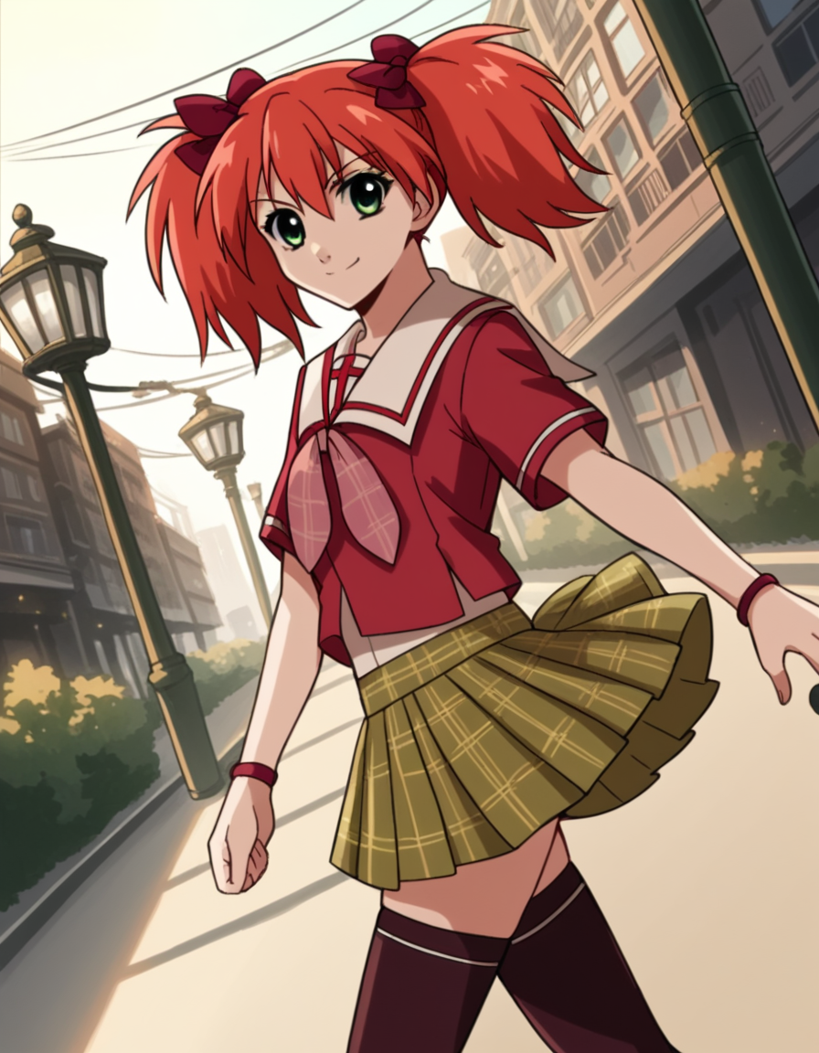 score_9, score_8_up, score_7_up, source_anime, <lora:kokoa-shuzen-s2-ponyxl-lora-nochekaiser:1>, kokoa shuzen, twintails, green eyes, red hair, hair bow, short hair,, skirt, thighhighs, school uniform, black thighhighs, plaid, serafuku, red shirt, short sleeves,, city street, evening, streetlights, walking dog, quiet neighborhood, gentle breeze, smile, from side, looking at viewer, solo,, dutch angle, cowboy shot