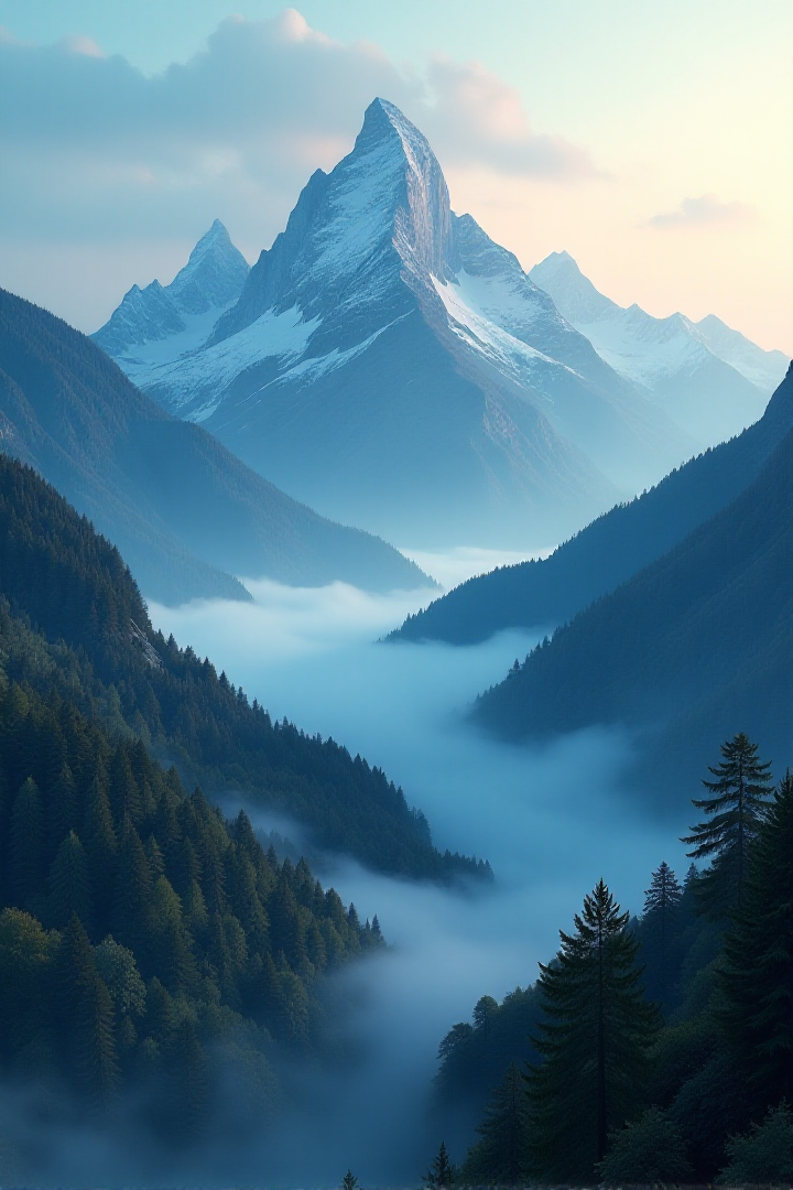 their peaks veiled in mist. great lighting, A surreal landscape highly detailed . extremely high-resolution details, appears trapped in an optical illusion of reflections and refractions colorful , professional photography, natural lighting, volumetric lighting maximalist. intricately detailed, complex, elegant, expansive, fantastical, film photography style, in the distance layers of mountains strech to the horizon in shades of blue, mysterious fog envelops the landscape, adding depth and atmosphere to the composition, ultra-detailed, hyper-detailed, ambient lighting, (masterpiece), (Amazing quality), (phenomenal aesthetic), cinematic moment, 8K<lora:FLUX_Ghibsky_Illustrations.safetensors:0.8:1.0>âââ