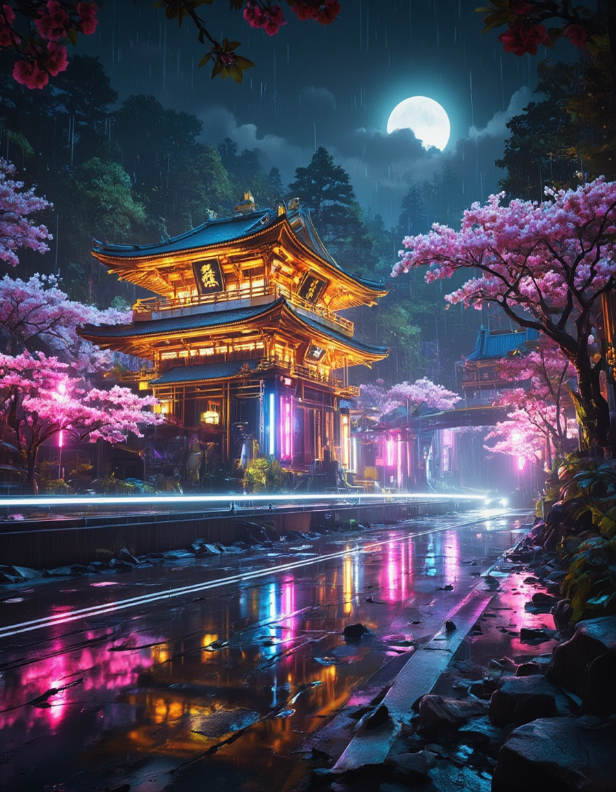 <lora:Cyberpunk_Temples_flux:0.8>  realistic photo, cyberpunk asian temple, neons, many wire neons, cherry blossom, glowing kanji, moon, illuminatred colorful flowers, glowing giant flowers, vegetation, tree. The rainy broken highway below is slick and reflective, reflecting the glowing lights above like a liquid mirror. A forest in the background, and vibrant cherry blossom trees in full bloom, enhancing the dense, its gold ornate structure glowing with amber and magenta neon lighting that highlights its intricate eaves and wooden detailing. ct_flux. Lush cherry blossom trees in full bloom frame the scene, layered aesthetic of the setting. Cyberpunk cars are passing on a highway, motion blur. Trees, rocks. Green, purple, white, gold. Stuning effects, depth of field.