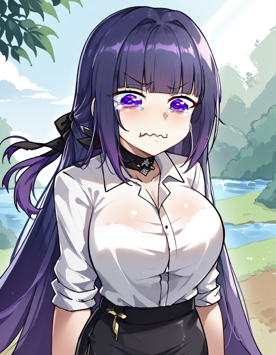 score_9, score_8_up, score_7_up, source_anime, <lora:raiden-mei-office-lady-ponyxl-lora-nochekaiser:1>, raiden mei, long hair, purple hair, bangs, purple eyes, blunt bangs, bangs, gradient hair, hair ribbon,, office lady, white shirt, shirt, pantyhose, skirt, black skirt, long sleeves, large breasts, choker, black choker, sleeves rolled up, Natural settings, trees, rivers, sunlight, wildlife, , <lora:aqua-about-to-cry-ponyxl-lora-nochekaiser:1> crying aqua, crying aqua (meme), crying, tearing up, tears, wavy mouth,, looking at viewer, solo,, dutch angle, cowboy shot