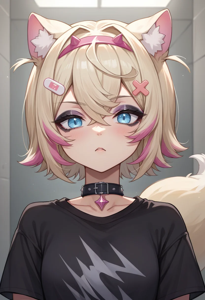 score_9, score_8_up, source_anime, 1girl, solo, MococoAbyssgard, short hair, streaked hair, hairband, hairclip, tail, black shirt, t-shirt, black choker, goth, eyeliner, eyeshadow, <lora:ChamMococoAbyssgardPonyXL:1.0>