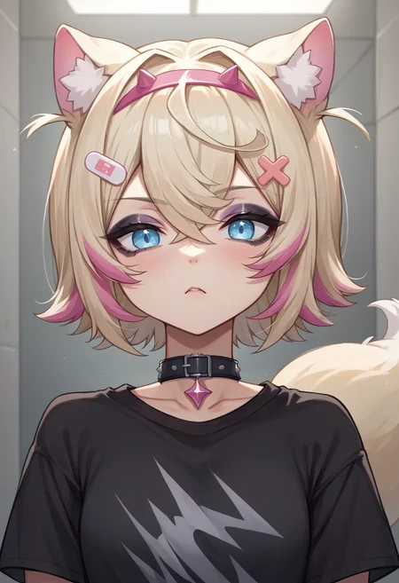 score_9, score_8_up, source_anime, 1girl, solo, MococoAbyssgard, short hair, streaked hair, hairband, hairclip, tail, black shirt, t-shirt, black choker, goth, eyeliner, eyeshadow, <lora:ChamMococoAbyssgardPonyXL:1.0>