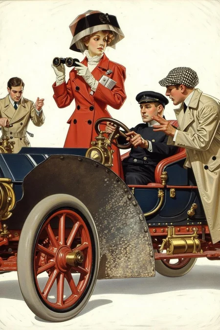 jcleyen1 painting.
A vintage-style illustration set in the early 20th century, depicting a grand automobile with large brass fixtures and red spoked wheels. A refined woman in an elegant red coat, white gloves, and a dramatic hat with a flowing veil stands proudly in the vehicle, holding binoculars as if surveying the road ahead. The chauffeur, dressed in a dark uniform and cap, sits attentively at the wheel, while a man in a beige trench coat and checkered cap, possibly a reporter or photographer, leans forward with excitement, gesturing animatedly. The scene captures the adventurous spirit and technological marvel of the automobile age with rich colors and a painterly, classic illustration style. <lora:jcleyen1_cap_d6a3e11:1.0><lora:824053028651817552:0>