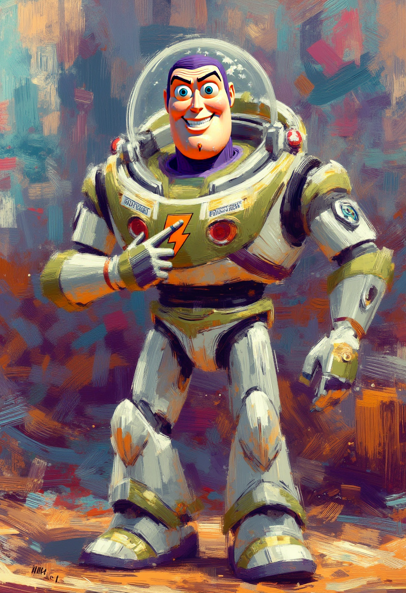 A digital impressionist painting with bold brush strokes about the character Buzz Lightyear in silver and golden suit with a golden lighting symbol on his chest. He is standing proudly and winking with his eye. He is smiling with a sparkle on his teeth. He is in a To Story scene.