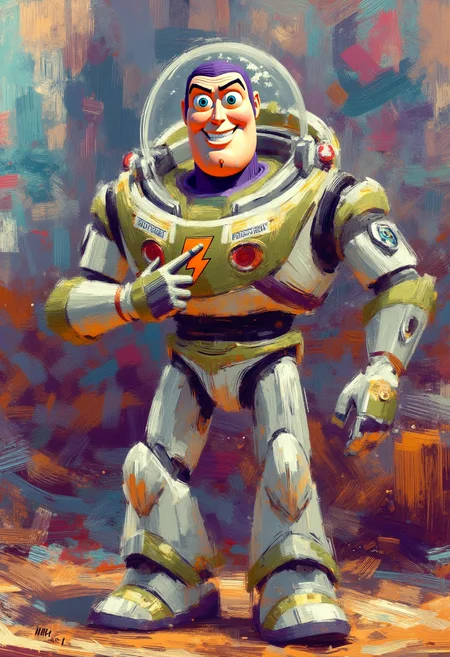 A digital impressionist painting with bold brush strokes about the character Buzz Lightyear in silver and golden suit with a golden lighting symbol on his chest. He is standing proudly and winking with his eye. He is smiling with a sparkle on his teeth. He is in a To Story scene.