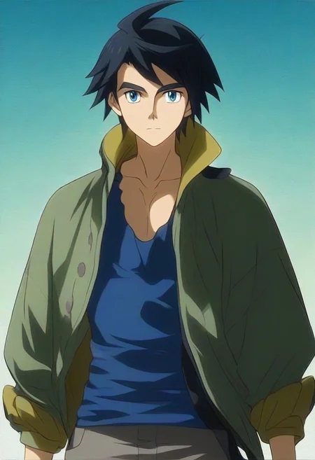 ((masterpiece)), ((best quality)), ((ultra-detailed)), ((absurdres)), score_9_up, score_8_up, score_7_up,
HD, top quality, best quality, amazing quality, High-quality illustrations, anime screencap, source_anime, best aesthetic, perfect proportions, perfect eyes, 1boy, 1male, solo boy, solo male, male focus, solo male focus, Anime, boy, male anime character, anime boy, handsome, cute, charming, sexy, good-looking, Mikazuki Augus, black hair, blue eyes, jacket, blue tank top, gray pants, ((lean body, slim body)), ((front view, front shot, facing front, view from the front)), ((cowboy shot, head to hips shot)), easynegative, updn, Expressiveh, masterpiece, best quality, very aesthetic, absurdres