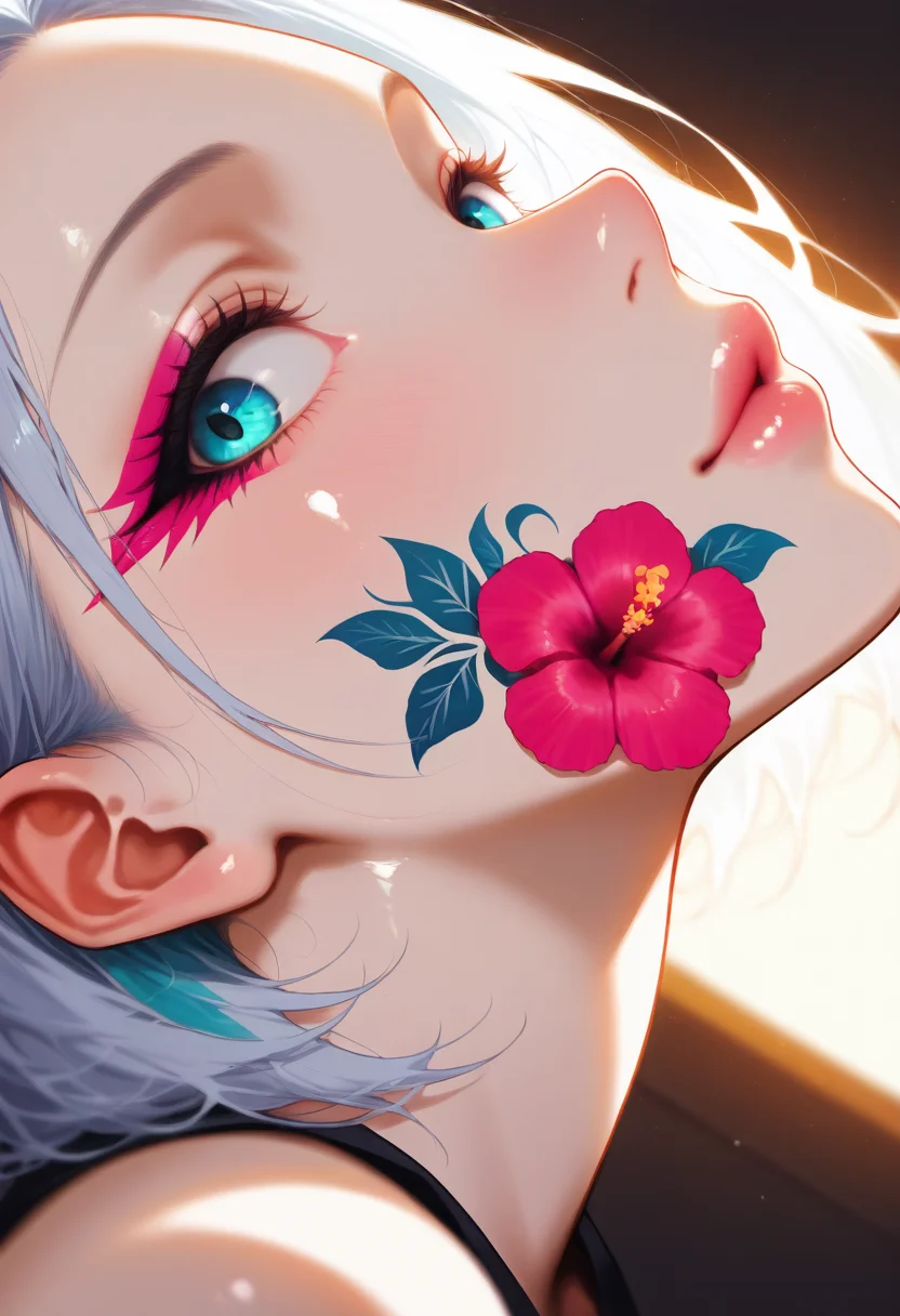 8K, depth of field, focused subject, dynamic angle, best quality, detailed eyes, perfect eyes, realistic eyes,
<lora:cospl4_by_readandsign_v3:0.85> gr43po
Hyperrealism, extreme close-up Portrait of a beautiful, stunning unique female character. She has large turquoise eyes filled with joy and excitement, extravagant eyelashes, making this image a masterpiece of photography and digital art. Style: realistic hyper-detailed rendering, 32k UHD, expressive eyes, punk, graphic design, pink hibiscus tattoo, girl's face, side view, pretty and cute, gleaming lips, white skin, telling a tale of adventure. Exuding confidence and serenity. Vibrant tattoos adorn her sun-kissed skin
