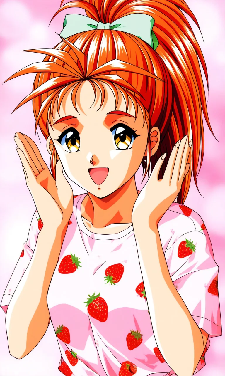general,highres, ultra-detailed,very aesthetic,best quality ,best hands, BREAK <lora:Saotome_Yumi_Tokimeki_Memorial_IS:1>
Saotome_Yumi(Tokimeki_Memorial), 1girl, solo, Yellow eyes, orange hair, hair bow, high ponytail, long hair, small breasts,
open mouth, happy,
bow, shirt, single strawberry print shirt,
smile, looking at viewer, food print, t-shirt, short sleeves, upper body,