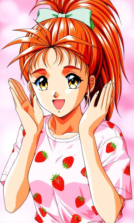 general,highres, ultra-detailed,very aesthetic,best quality ,best hands, BREAK <lora:Saotome_Yumi_Tokimeki_Memorial_IS:1>
Saotome_Yumi(Tokimeki_Memorial), 1girl, solo, Yellow eyes, orange hair, hair bow, high ponytail, long hair, small breasts,
open mouth, happy,
bow, shirt, single strawberry print shirt,
smile, looking at viewer, food print, t-shirt, short sleeves, upper body,